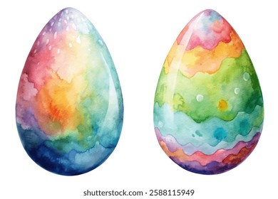 Colorful watercolor eggs, vibrant pastel hues, artistic design, spring holiday themes, decorative elements, festive celebration.