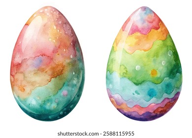 Colorful watercolor eggs, vibrant pastel hues, artistic design, festive decoration, spring celebration, artistic illustration.