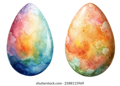 Colorful watercolor eggs, vibrant pastel hues, artistic design, Easter decoration, festive artwork, spring celebration.