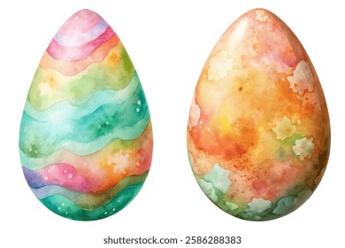 Colorful watercolor eggs, vibrant patterns, Easter decorations, artistic design, spring celebration, festive imagery.