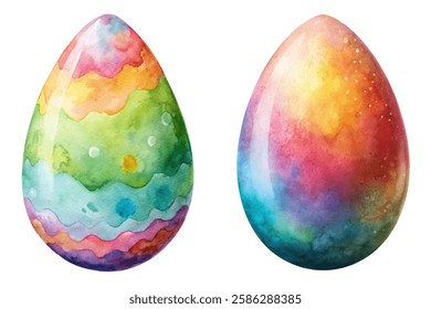 Colorful watercolor eggs, vibrant patterns, artistic design, Easter decoration, festive art, spring celebration, creative illustration.