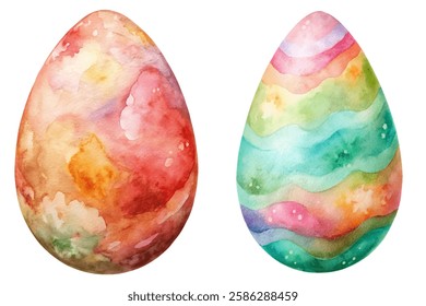 Colorful watercolor eggs, vibrant patterns, Easter decorations, artistic design, spring celebration, festive artwork.