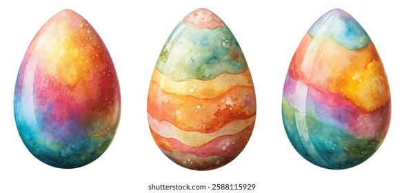 Colorful watercolor eggs, vibrant textures, festive design, spring celebration, artistic illustration, seasonal decoration.