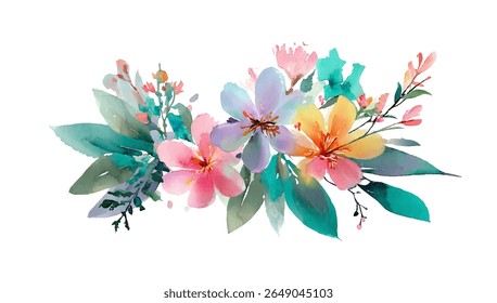 Arranjo floral colorido aquarela com vários tipos de flores.