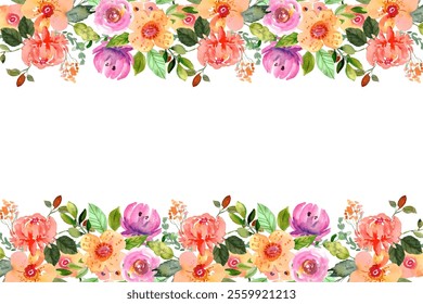 Colorful watercolor floral frame background. Illustration isolated on white background.