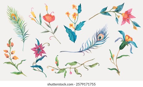 Colorful watercolor floral illustrations featuring peacock feathers, vibrant flowers, and delicate leaves. Perfect for floral designs and nature-themed art. Easter illustrations, isolated vector set.