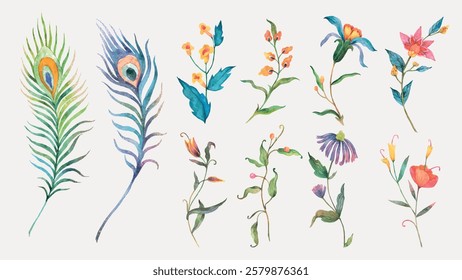 Colorful watercolor floral illustrations featuring peacock feathers and various flowers. Delicate floral designs with vibrant colors and intricate details. Easter illustrations, isolated vector set.