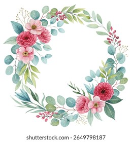 Ilustração de grinalda floral de aquarela colorida com flores e folhas variadas, ideal para projetos de casamento decorativos, convites e cartões de saudação sazonais