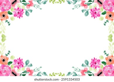 Colorful watercolor flower frame border. Floral border frame card template.