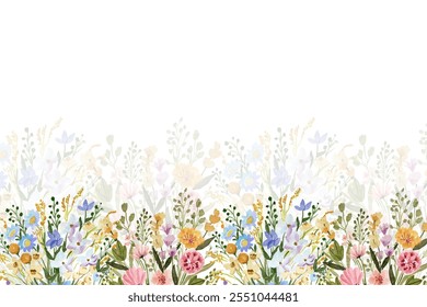 Colorful watercolor flowers background for design. Floral border frame card template.
