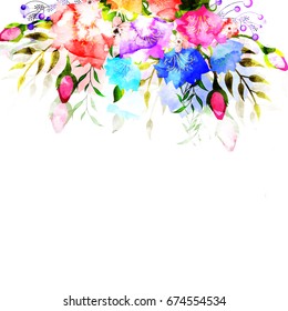 Colorful watercolor flowers decorated elegant background.