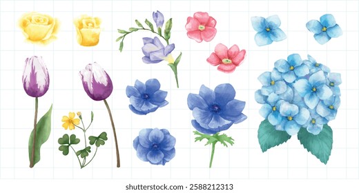 Colorful watercolor flowers including roses, tulips, and hydrangeas. Vibrant floral designs with blue, pink, and yellow hues. Artistic flower illustrations. Watercolor element vector set.