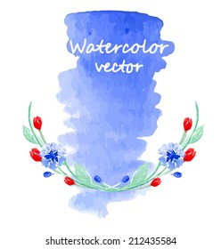 Colorful watercolor flowers on a blue background, vector