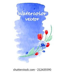 Colorful watercolor flowers on a blue background, vector