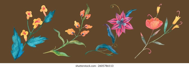 Colorful watercolor flowers on a brown background. Vibrant floral designs with yellow, pink, and orange flowers. Artistic flower illustrations with leaves. Watercolor element vector set.