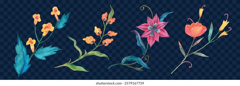 Colorful watercolor flowers on a dark background. Floral designs include yellow, orange, and pink flowers. Watercolor flowers with green leaves. Watercolor element vector set.