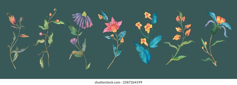 Colorful watercolor flowers on a dark green background. Various floral designs with vibrant petals and leaves. Artistic floral elements in a row. Watercolor element vector set.