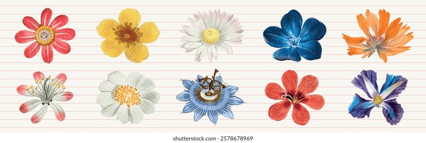 Colorful watercolor flowers on lined paper. Vibrant floral designs in various shapes and colors. Watercolor flowers create a lively, artistic display. Spring flower illustrations, isolated vector set.