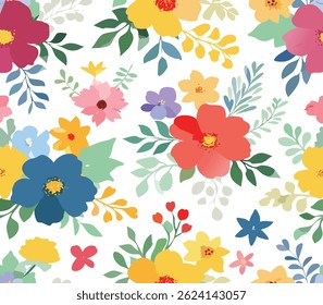 Flores coloridas em aquarela em um fundo branco, em um fundo branco, flor em aquarela padrão sem costura. Impressão aquarela em estilo vintage rústico, têxtil ou papéis de parede.