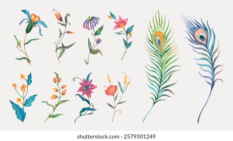 Colorful watercolor flowers and peacock feathers. Vibrant floral designs with delicate petals. Artistic floral and feather illustrations in watercolor style. Easter illustrations, isolated vector set.