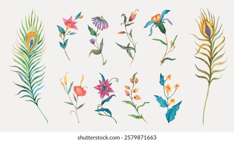 Colorful watercolor flowers and peacock feathers. Delicate floral designs with vibrant colors. Artistic florals and peacock feathers in watercolor style. Easter illustrations, isolated vector set.