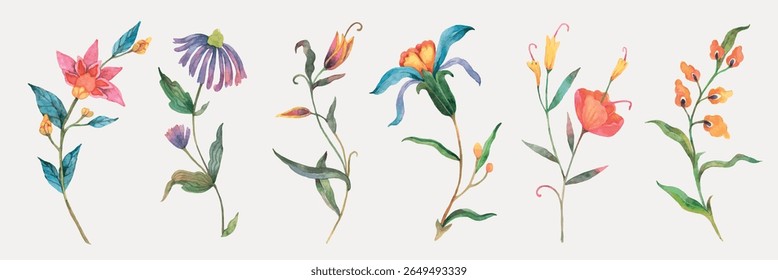 Flores coloridas em aquarela, exibindo diversos desenhos florais. Cada flor é única, com cores vibrantes e detalhes delicados da aquarela. Conjunto de vetores de elemento de aquarela.