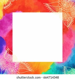 Colorful watercolor frame with ornament made of doodle flowers 