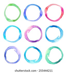 Colorful watercolor hand drawn isolated rings on white background. Vector illustration of brush painted abstract round stains set. Design element for decor, scrapbook, banner, card, craft, print.