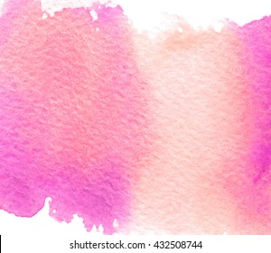 Colorful watercolor hand drawn paper grain texture stylized splatter on white background. Abstract water color wet brush paint stroke pink orange vector element for greeting card, wallpaper, template