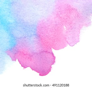 Colorful watercolor hand drawn paper texture vector splash card for text design, web, blank. Aquarelle vibrant water color blue pink violet wet brush paint isolated blot element on white background