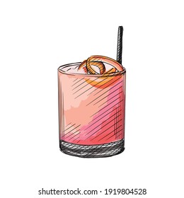 Colorful watercolor Hand drawn sketch of Cocktail drink in rocks glass with a straw on a white background. Cocktail drinks. Drinks in cocktail glasses. Alcohol beverages	