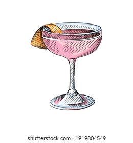 Colorful watercolor Hand drawn sketch of Cocktail drink in balloon wine glass on a white background. Cocktail drinks. Drinks in cocktail glasses. Alcohol beverages	
