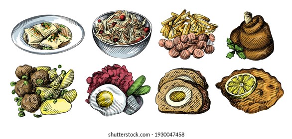 Colorida acuarela Dibujo a mano de la cocina alemana. Maultaschen Dumplings de Alemania, Labskaus de Alemania del Norte, rollitos, Acnitzel con limón, Currywurst, hojas de carne con huevo, Himmel und Ad 