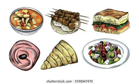 Colorful watercolor Hand drawn sketch set of Greek cuisine. Greek Fasolata soup, Chicken Souvlaki, Greek Baklava, Taramosalata, Greek Salad, Spanakopita	