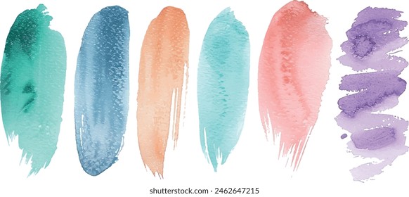 Colorful watercolor hand painted brush strokes are isolated on a white background