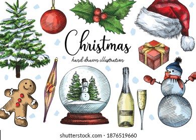 Colorful watercolor Hand-drawn New year and Christmas set. Christmas tree, toys, holly berry flower, Santa Claus red hat, gingerbread man, snowman; snow globe with snowman, red present box, champagne 