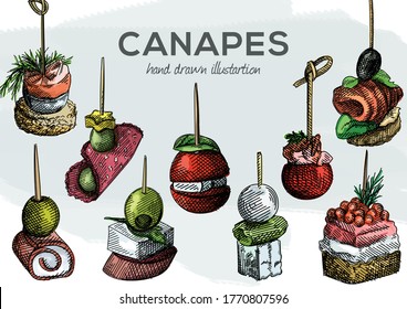 Colorful watercolor Hand-drawn set of canapes. Olive, grape, tomato, rolled ham and sausage, salmon, shrimp, bread, cheese, cheesy cream, caviar, cucumber on toothpicks	