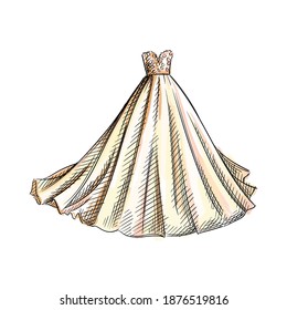 Colorful watercolor Hand-drawn sketch of  beige yellow pink wedding gown. Wedding accesories and dress. Preparation for wedding ceremony. Bride and groom. Holiday. Celebration.	
