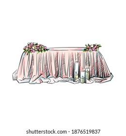 Colorful watercolor Hand-drawn sketch of bride and groom decorated table with tableware. Wedding accesories and attributes. Preparation for wedding ceremony. Bride and groom. Holiday. Celebration.