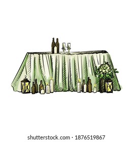 Colorful watercolor Hand-drawn sketch of bride and groom decorated table with tableware. Wedding accesories and attributes. Preparation for wedding ceremony. Bride and groom. Holiday. Celebration.