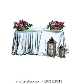 Colorful watercolor Hand-drawn sketch of buffet table. Wedding accesories and attributes. Preparation for wedding ceremony. Bride and groom. Holiday. Celebration.	
