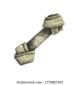 Colorful watercolor Hand-drawn sketch of knotted dog bone on a white background. Dog bone for chewing. Pet supplies. Care for home animals.	
