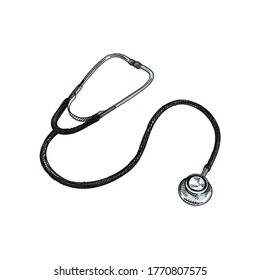 Colorful watercolor Hand-drawn sketch of Littmann Classic Stethoscope. Medical tools. Stethoscope to measure auscultation, or listening to the internal sounds of an animal or human body.