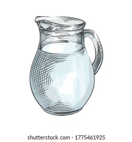 Colorful watercolor Hand-drawn sketch of milk in a jug. Simple jug with milk or water