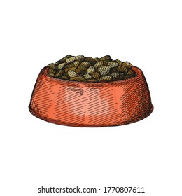 Colorful watercolor Hand-drawn sketch of Pet Food Bowl on a white background. Bowl with food for dogs or cats. Pet supplies. Care for home animals.	
