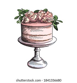 Colorful watercolor Hand-drawn sketch of pink creamy wedding cake. Watercolor wedding ccessories and decorations. Bride and groom holiday and celebration. 
