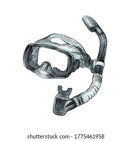 Colorful watercolor Hand-drawn sketch of summer vacation tools.  Grey blue diving mask with tube