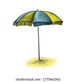 Colorful watercolor Hand-drawn sketch of summer vacation tools.  Yellow blue Beach umbrella