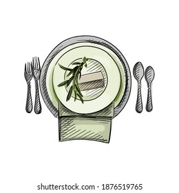 Colorful watercolor Hand-drawn sketch of table service set for Wedding ceremony. Preparation for wedding ceremony. Plates, knife, spoon, fork, napkin. Holiday. Celebration.	