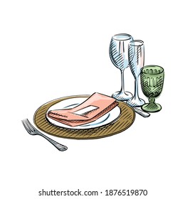 Colorful watercolor Hand-drawn sketch of table service set for Wedding ceremony. Preparation for wedding ceremony. Plates, champagne glasses, knife, spoon, fork, napkin, wine glass. Holiday. 